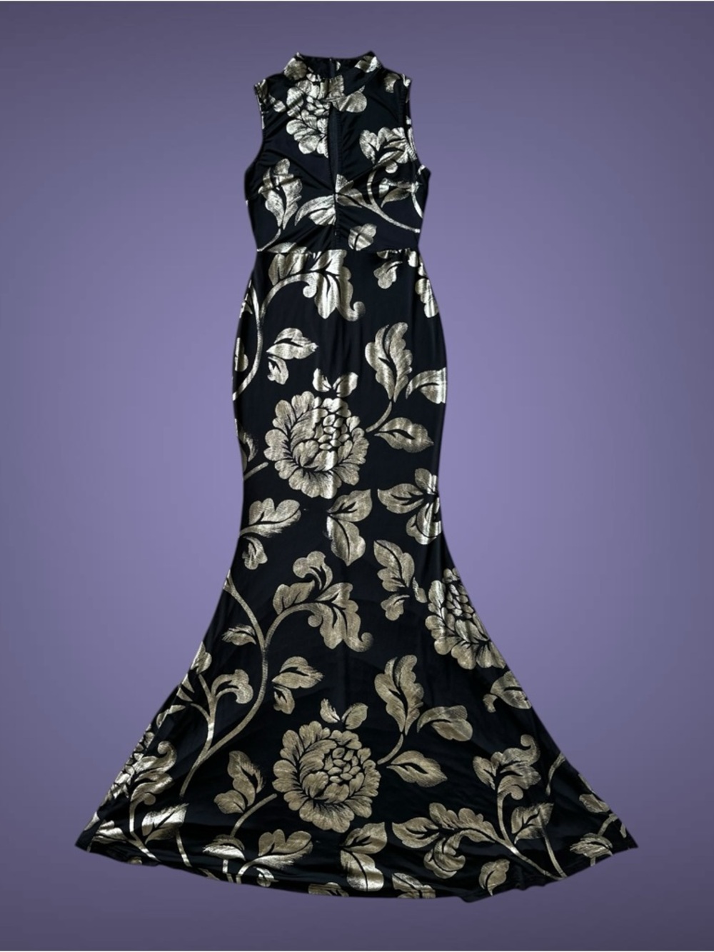 Women’s Black & Gold Floral Formal Gown Sleeveless High Neck Mermaid Dress - Picture 2 of 7